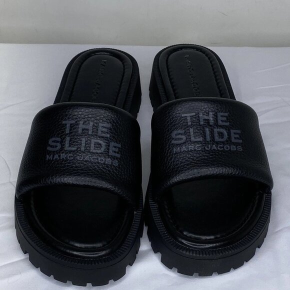 NEW MARC JACOBS Women’s Lug Sole Slide Sandals Black Size 10 Leather Low Heel - Picture 1 of 7